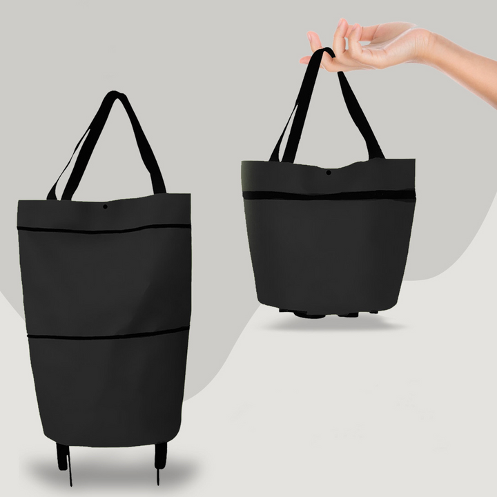 "Faltbare 2-in-1 Einkaufstasche mit Rollsystem, ideal für leichtes Ziehen großer Einkäufe, erhältlich in mehreren Farben."