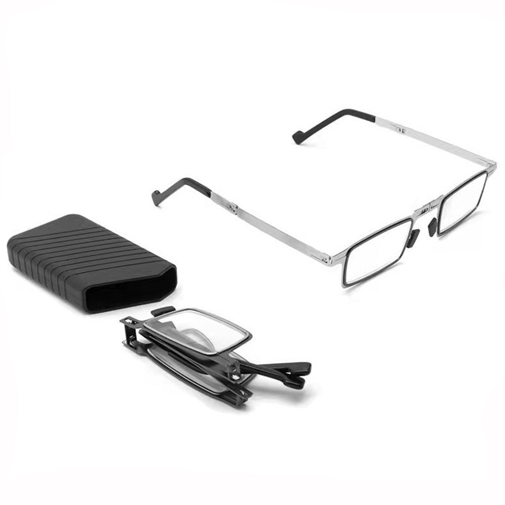 Unisex Lesebrille faltbar, silberner Metallrahmen, kratzfeste Gläser, inklusive Schutzetui