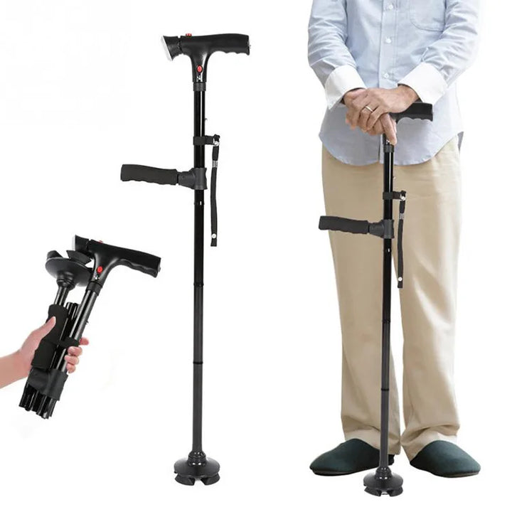 "Faltbarer Gehstock mit LED-Beleuchtung, ergonomisch und selbststehend, ideal für Tag- und Nachtspaziergänge."