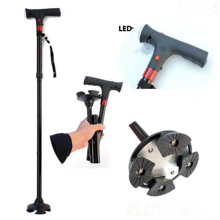 "Faltbarer Gehstock mit LED-Beleuchtung, ergonomisch und selbststehend, ideal für Tag- und Nachtspaziergänge."