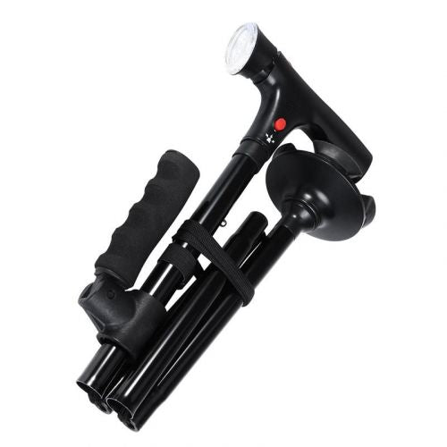 "Faltbarer Gehstock mit LED-Beleuchtung, ergonomisch und selbststehend, ideal für Tag- und Nachtspaziergänge."