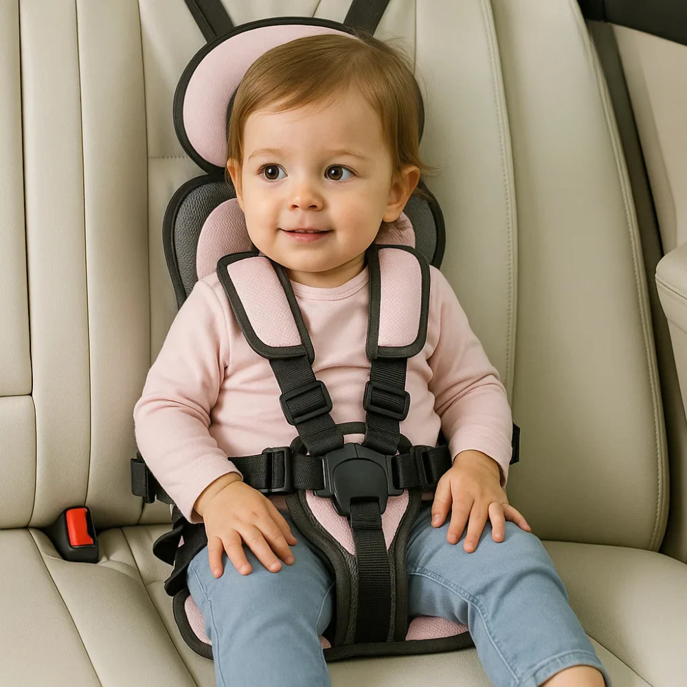 Mobiler Kindersitz als Sitzerhöhung für Kinder, faltbar und leicht zu transportieren.