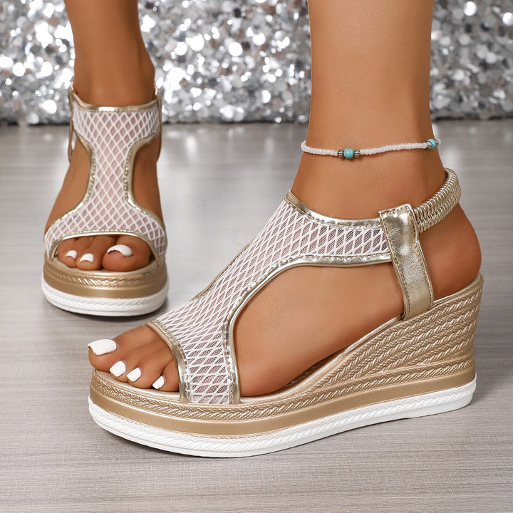 Ergonomische Damen-Sandalen, bequeme Sommerschuhe mit Keilabsatz, erhältlich in Beige und Schwarz.