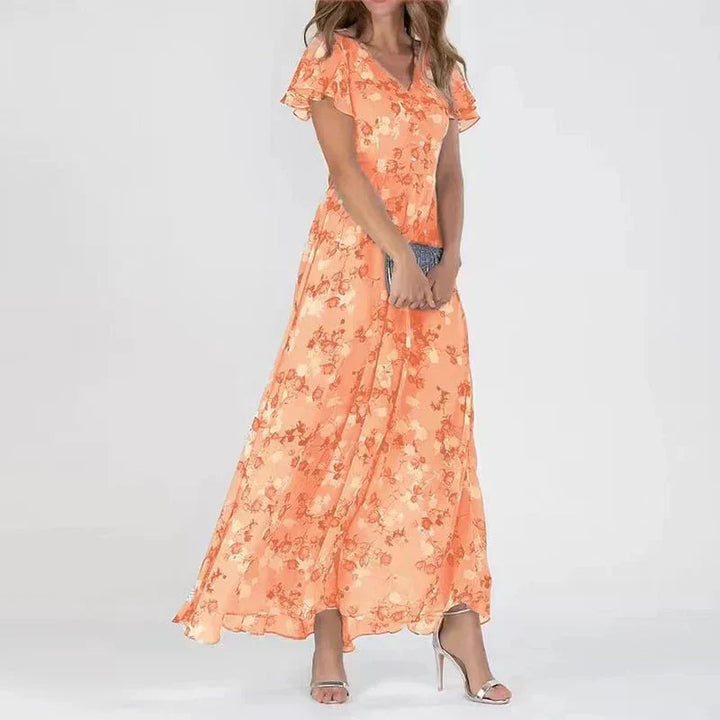 Elegantes Damen Maxikleid Jasmijn mit Blumenmuster im Detail, V-Ausschnitt Sommerkleid