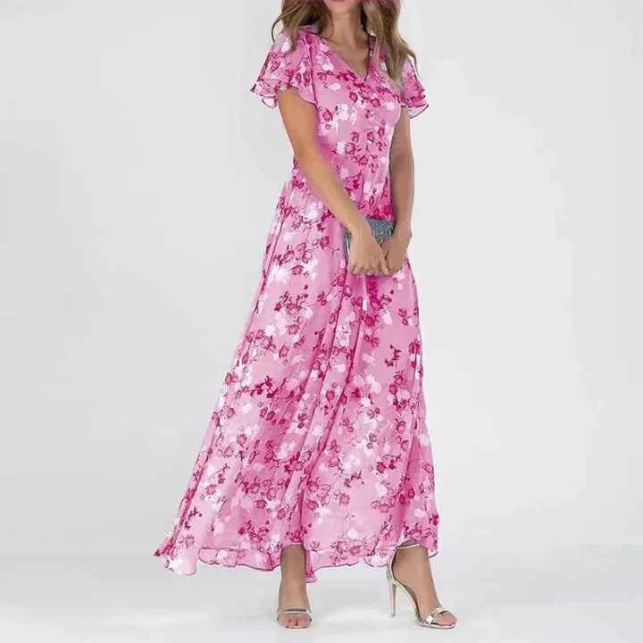Damen Maxikleid in Rosa mit floralem Blumenmuster und V-Ausschnitt