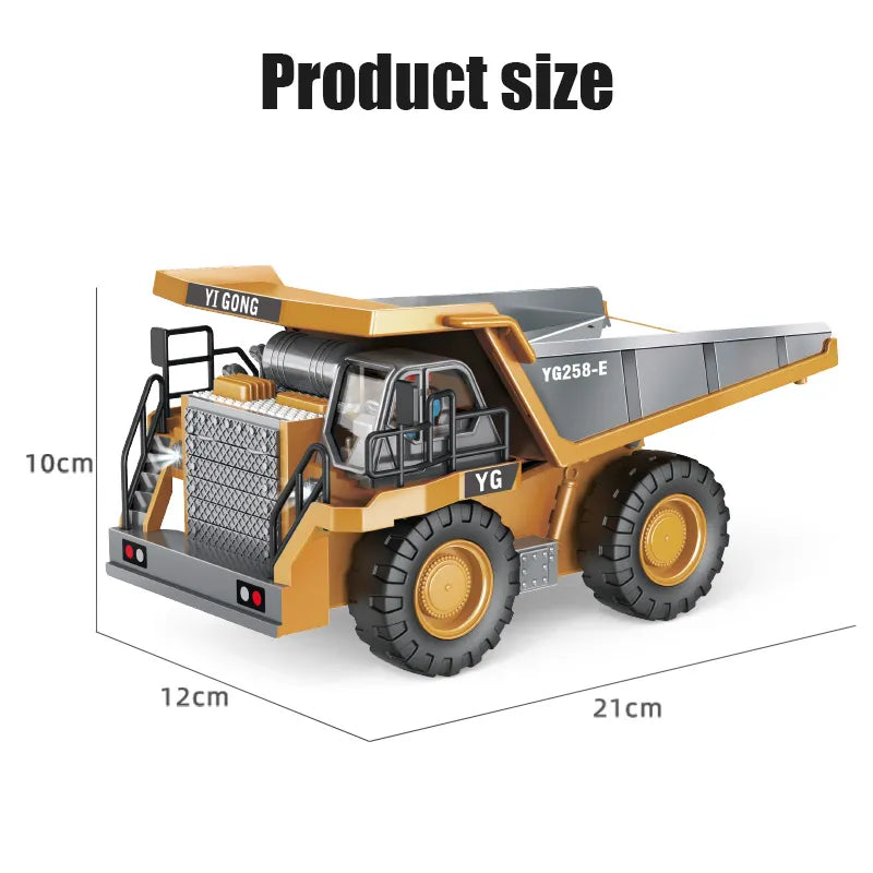 Ferngesteuerter Baustellen-LKW mit gelber Kippmulde, robustes Design, realistische Details auf sandigem Terrain.