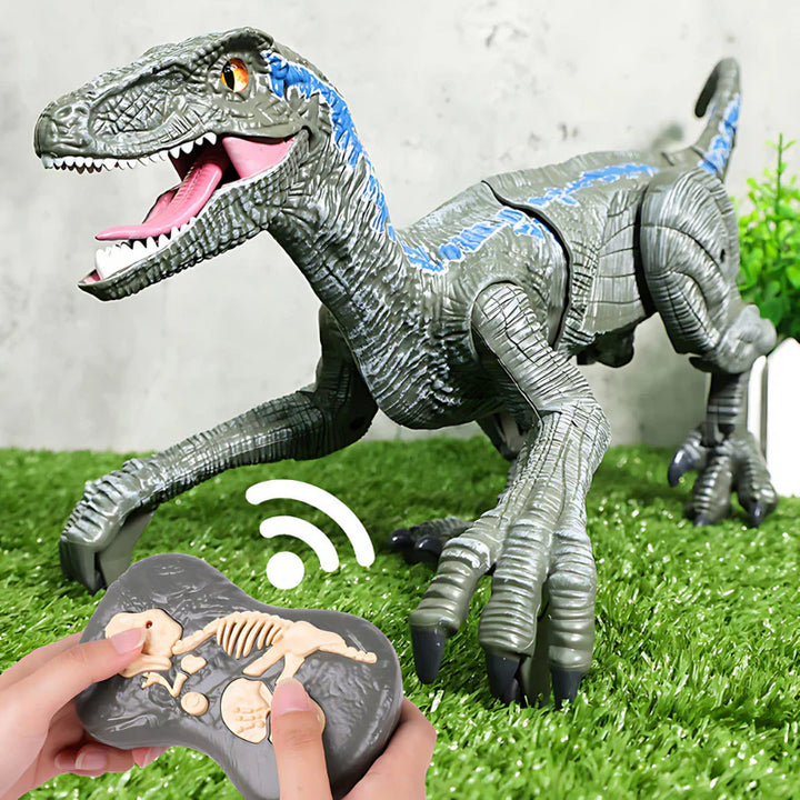 "Ferngesteuerter Dinosaurier mit Nebelspray, grüne Schuppen, bewegliche Gliedmaßen, realistische Dino-Funktionen"