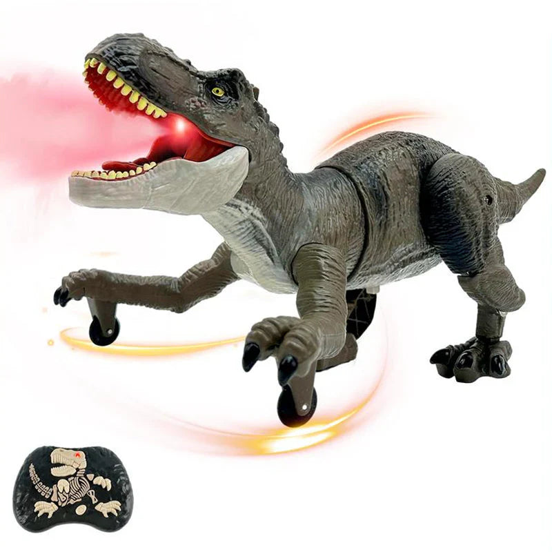 "Ferngesteuerter Dinosaurier mit Nebelspray, grüne Schuppen, bewegliche Gliedmaßen, realistische Dino-Funktionen"