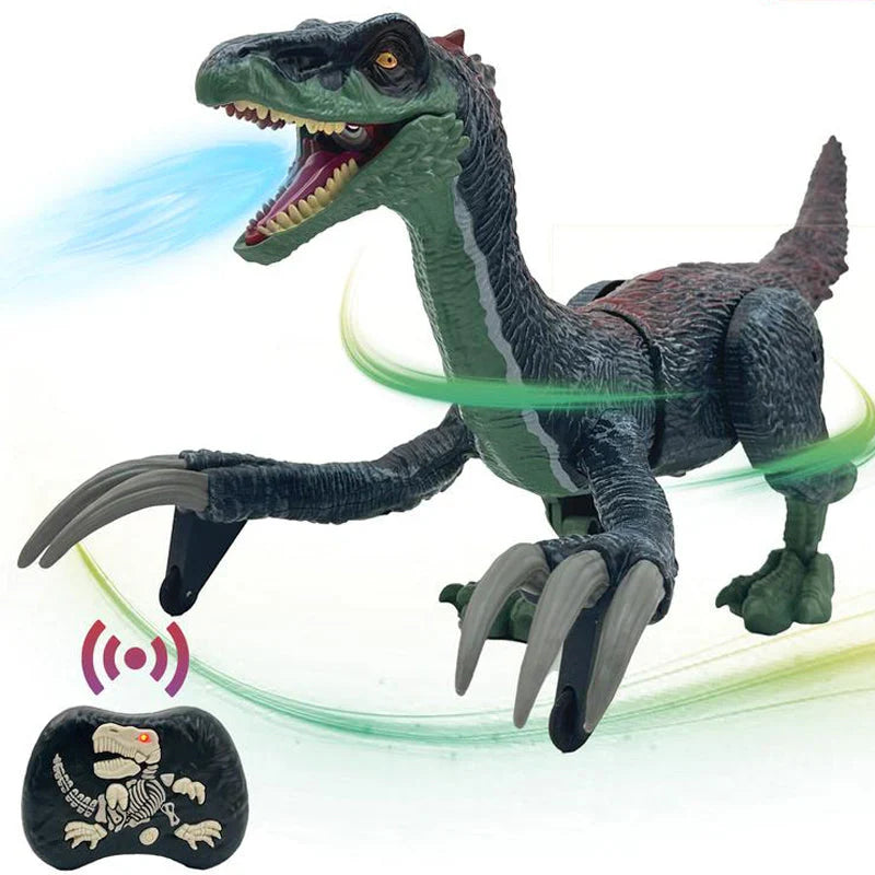 "Ferngesteuerter Dinosaurier mit Nebelspray, grüne Schuppen, bewegliche Gliedmaßen, realistische Dino-Funktionen"