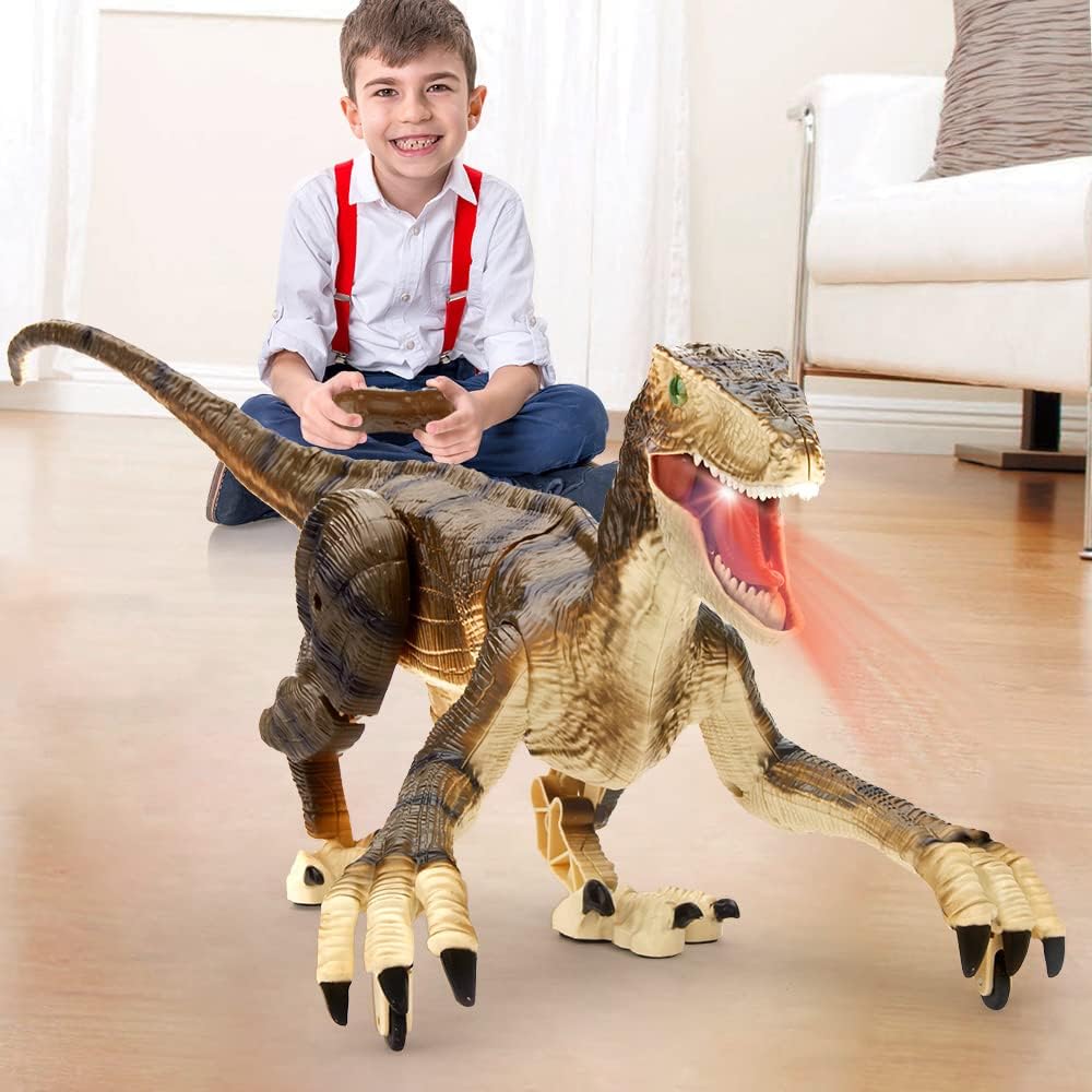 "Ferngesteuerter Dinosaurier mit Nebelspray, grüne Schuppen, bewegliche Gliedmaßen, realistische Dino-Funktionen"