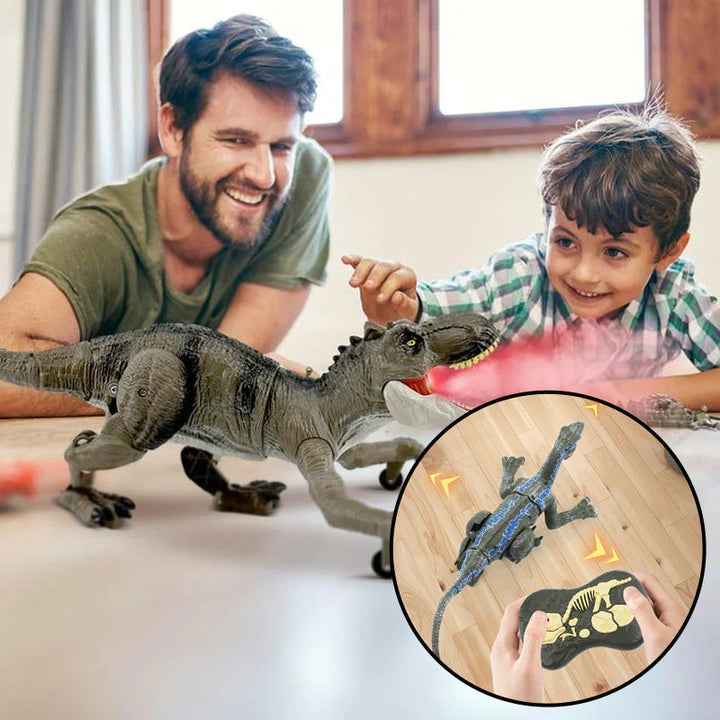 "Ferngesteuerter Dinosaurier mit Nebelspray, grüne Schuppen, bewegliche Gliedmaßen, realistische Dino-Funktionen"