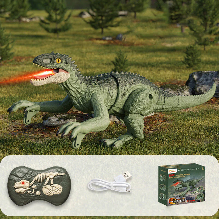 "Ferngesteuerter Dinosaurier mit Nebelspray, grüne Schuppen, bewegliche Gliedmaßen, realistische Dino-Funktionen"