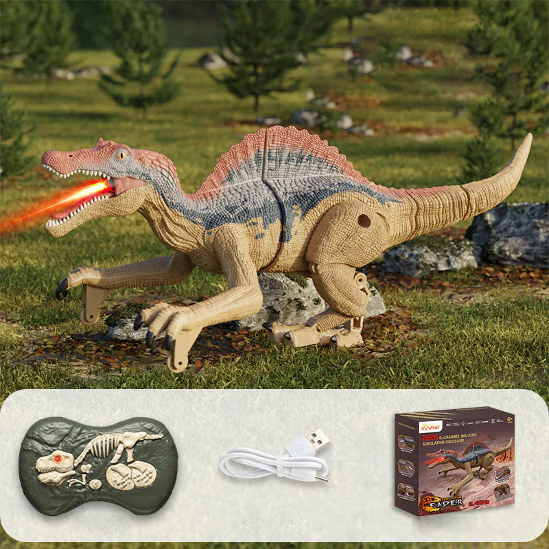 "Ferngesteuerter Dinosaurier mit Nebelspray, grüne Schuppen, bewegliche Gliedmaßen, realistische Dino-Funktionen"