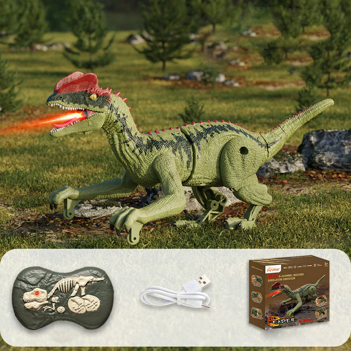 "Ferngesteuerter Dinosaurier mit Nebelspray, grüne Schuppen, bewegliche Gliedmaßen, realistische Dino-Funktionen"
