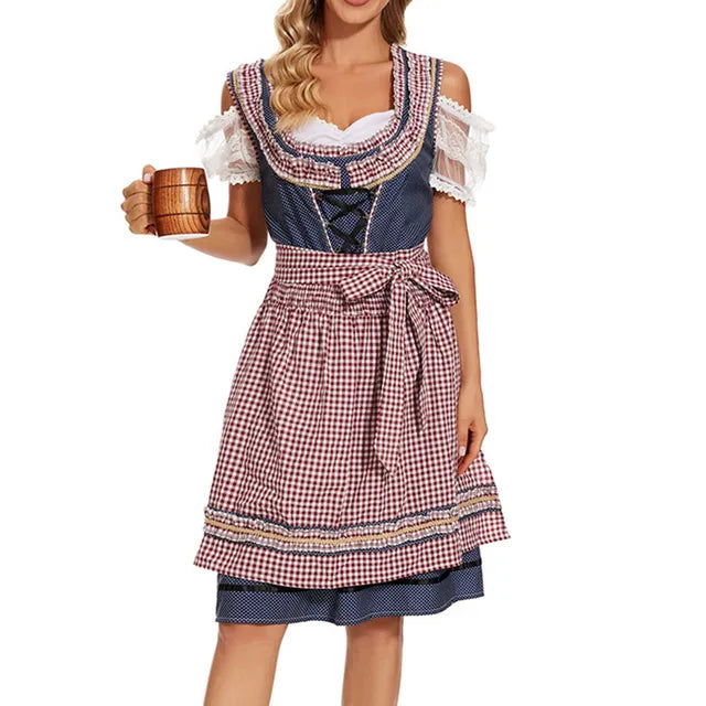 Stilvolles Damen-Dirndlkleid blau mit Karomuster & Schürze, traditionell & festlich für das Oktoberfest.