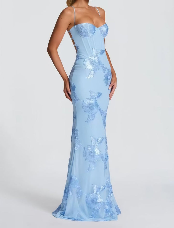 Damen Maxikleid festlich geschnitten mit aufgesetzten Blumenmotiven