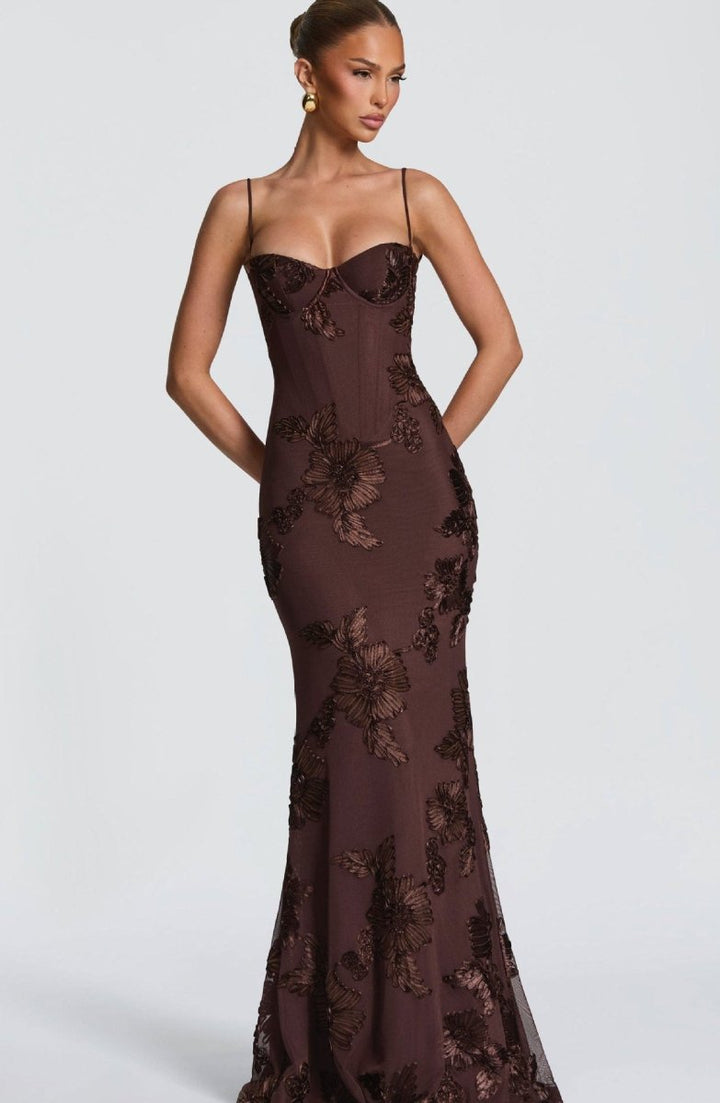 Festliches Damen Maxikleid figurbetont mit Blumenapplikationen in Schwarz