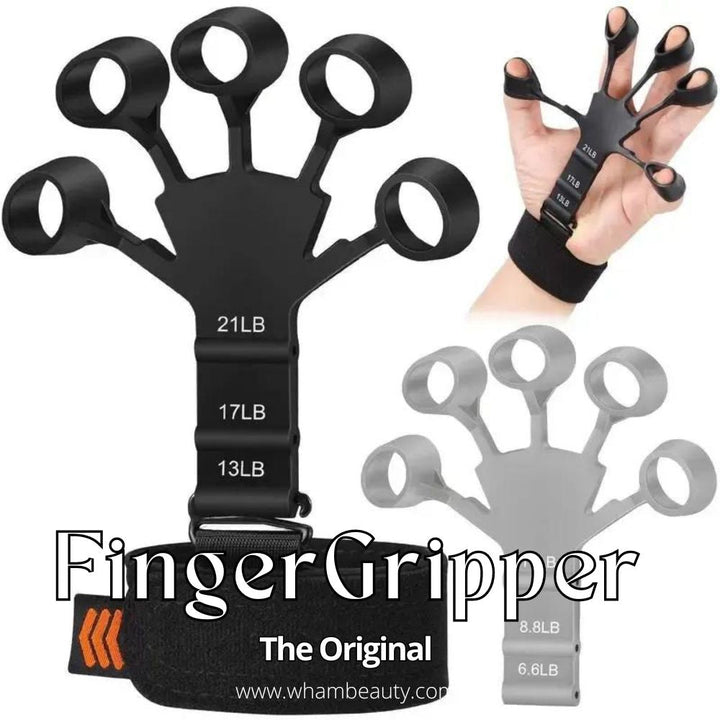 Schwarzer Fingertrainer, verstellbar, für Handkrafttraining, mit Gewichtsangaben, Fitnessgerät.