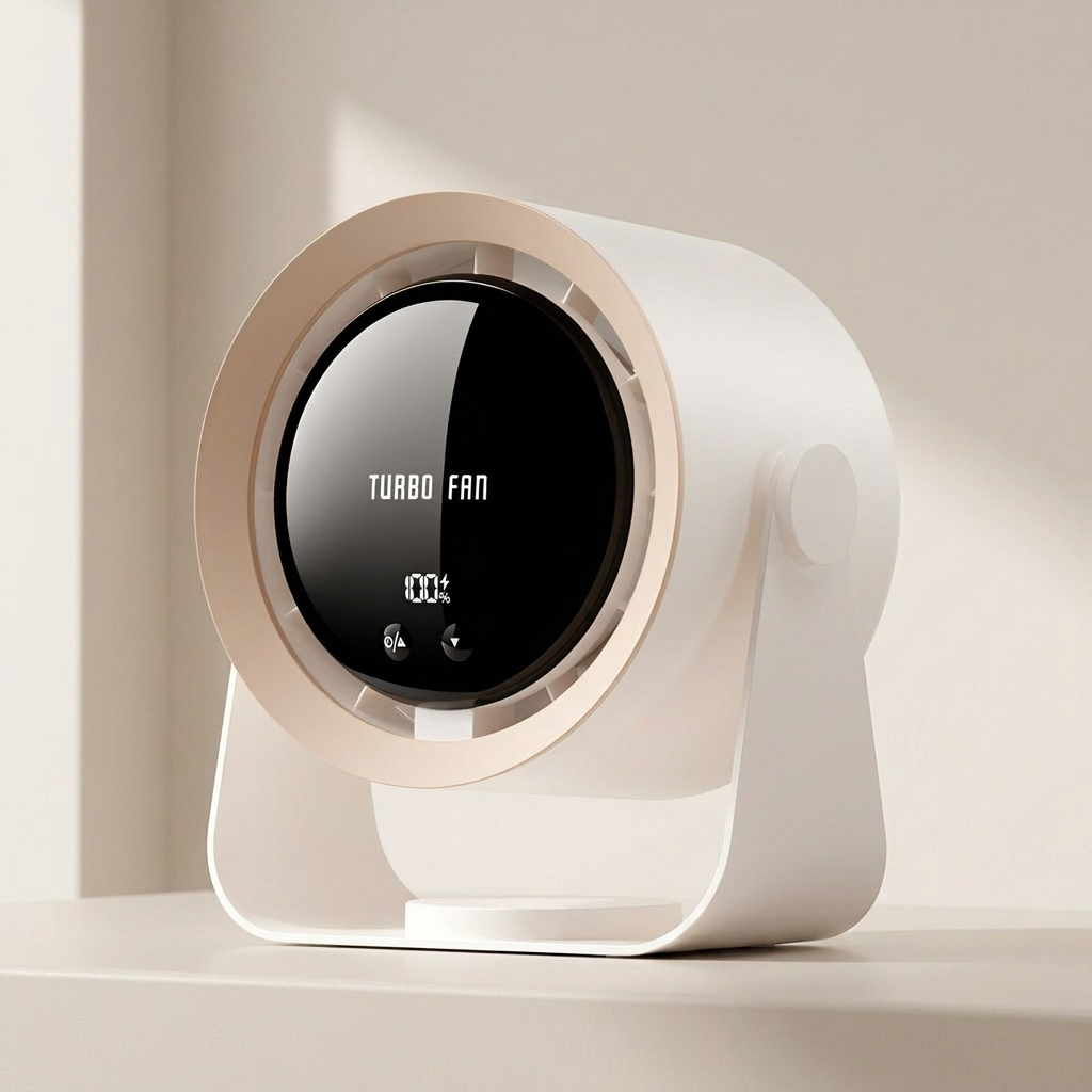 Flügelloser Tischventilator mit LED-Display, tragbar & leise für angenehme Kühlung im Büro oder Zuhause.