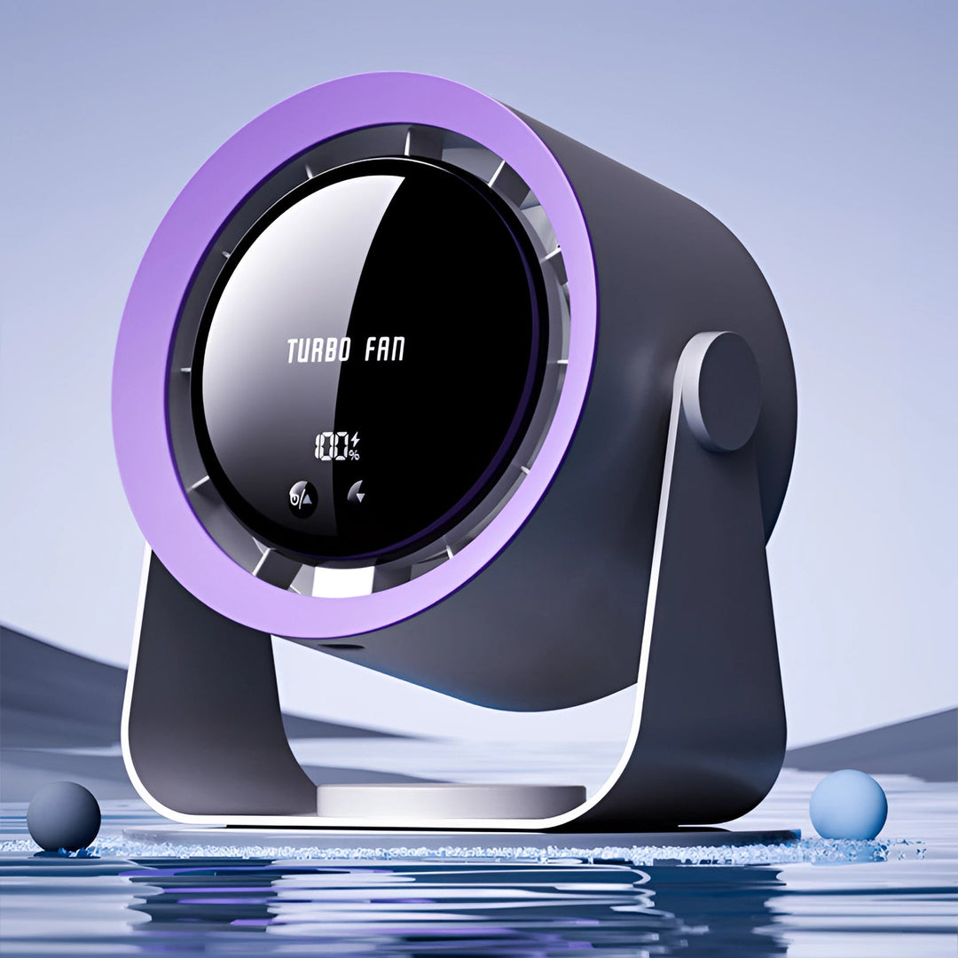 Fortschrittlicher flügelloser Ventilator mit intuitivem LED-Display. Leiser Luftzirkulator für moderne Räume.