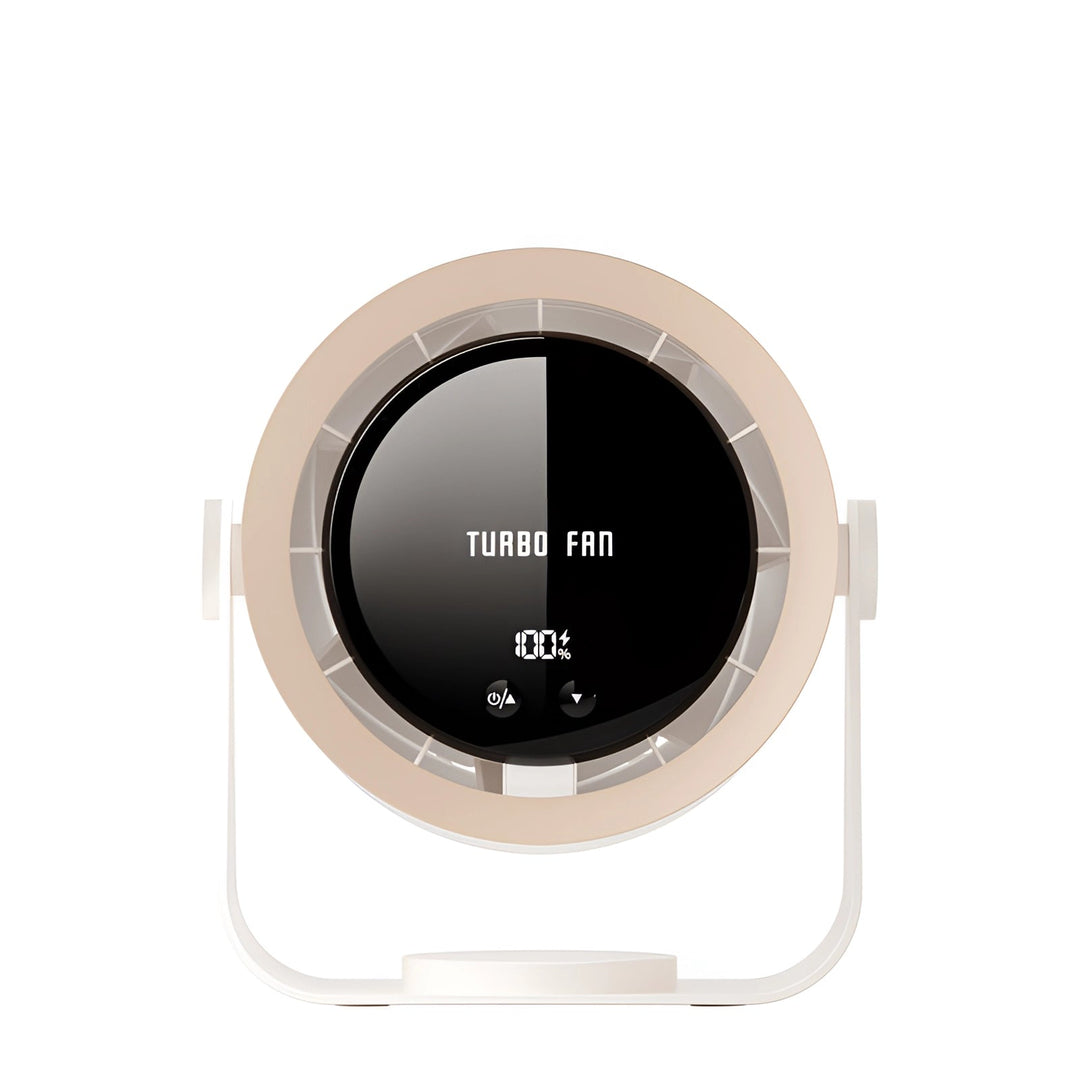 Detailaufnahme des LED-Displays am flügellosen Tischventilator. Zeigt Einstellungen für leise Kühlung.
