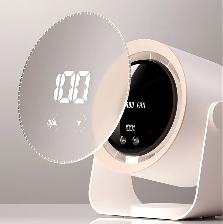 Eleganter flügelloser Tischventilator mit LED-Display auf einem Schreibtisch. Sorgt für leise Luftzirkulation.