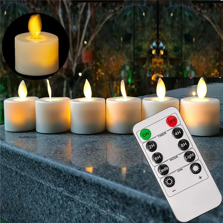 "Flammenähnliche, flackernde LED-Lichterkerzen, elegant, energiesparend, batteriebetrieben, mit Fernbedienung und dimmbar."