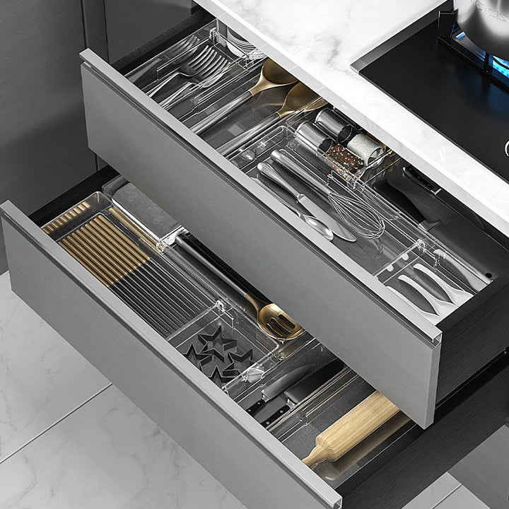 "Flexibler Schubladen Organizer, modernes Design, ideale Küchenorganisation, robust, vielseitig für Besteck und Utensilien."