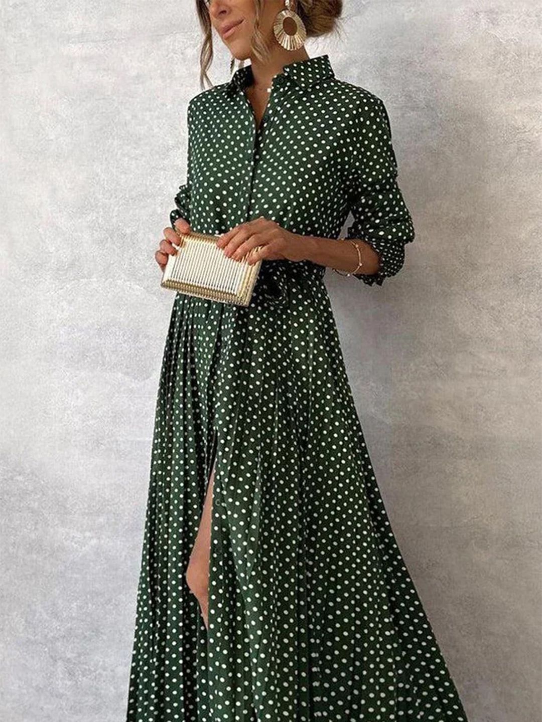 Fließendes Damen Herbst Maxikleid mit elegantem Vintage Polka Dot Muster, perfekt für Freizeit & Abend.
