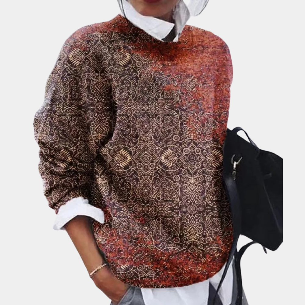 Gemusterter Vintage Damen Pullover mit langem Arm, lockerem Schnitt für bequemen Alltag und Retro-Stil im Winter.