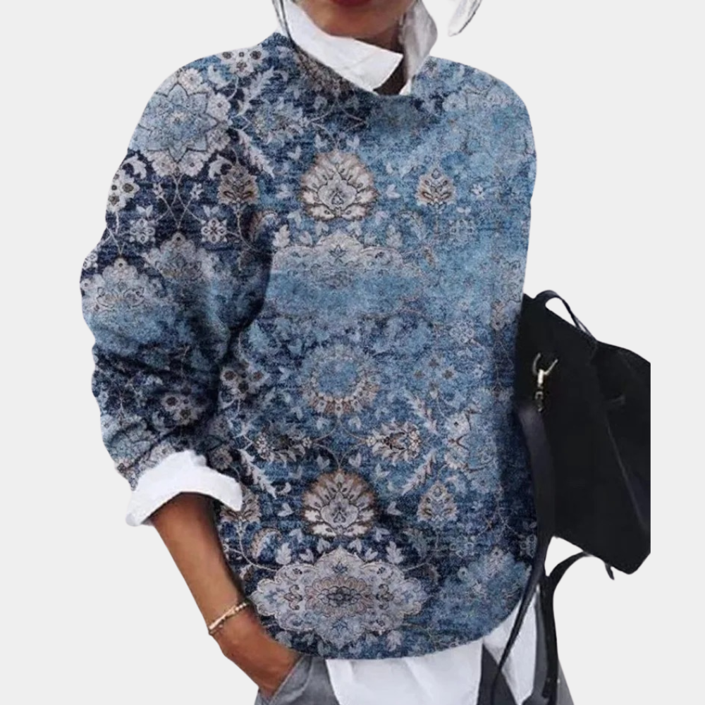 Locker sitzender, gemusterter Damen Vintage Pullover, perfekt für entspannte Freizeit und komfortables Layering im Herbst.