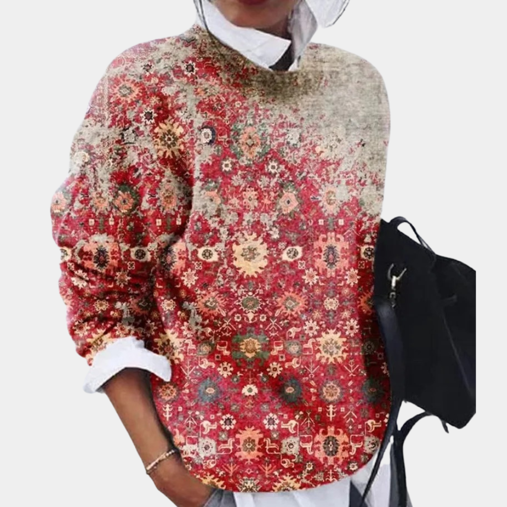 Stilvoller Damen Retro Pullover, gemustert und locker geschnitten, für gemütliche Wintertage und Vintage-Mode-Looks.