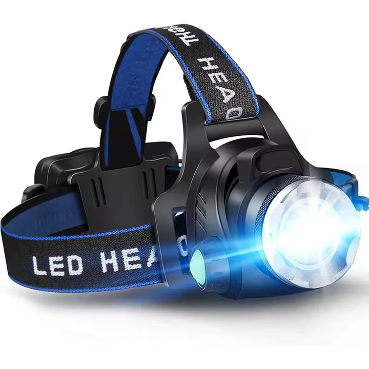 Schwarze LED-Stirnlampe mit blauem Band, verstellbar, für Outdoor-Aktivitäten.