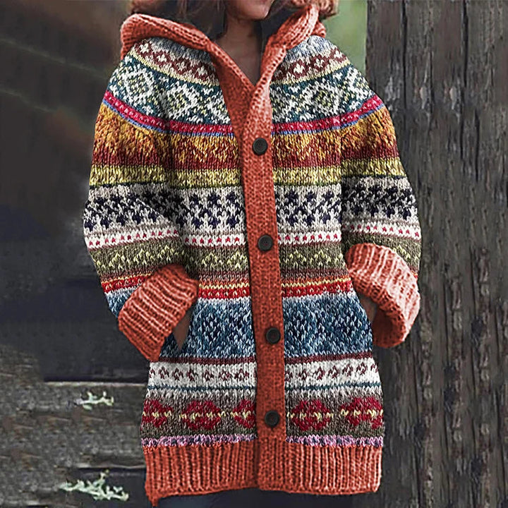 Warme Damen Kapuzenstrickjacke, ideal für den Lagenlook im Herbst & Winter. Bequeme Fair Isle Strickmode.