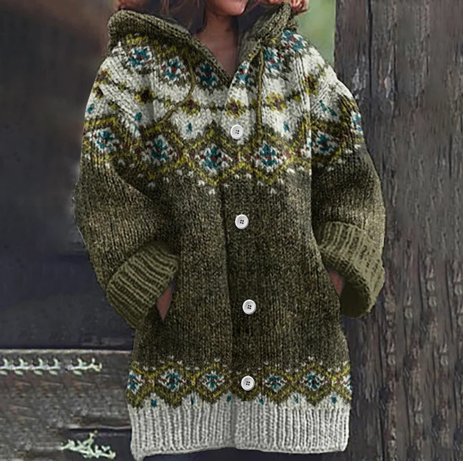 Komfortable Damen Fair Isle Strickjacke mit Kapuze, perfekt für gemütliche Tage im Alltag und in der Freizeit.