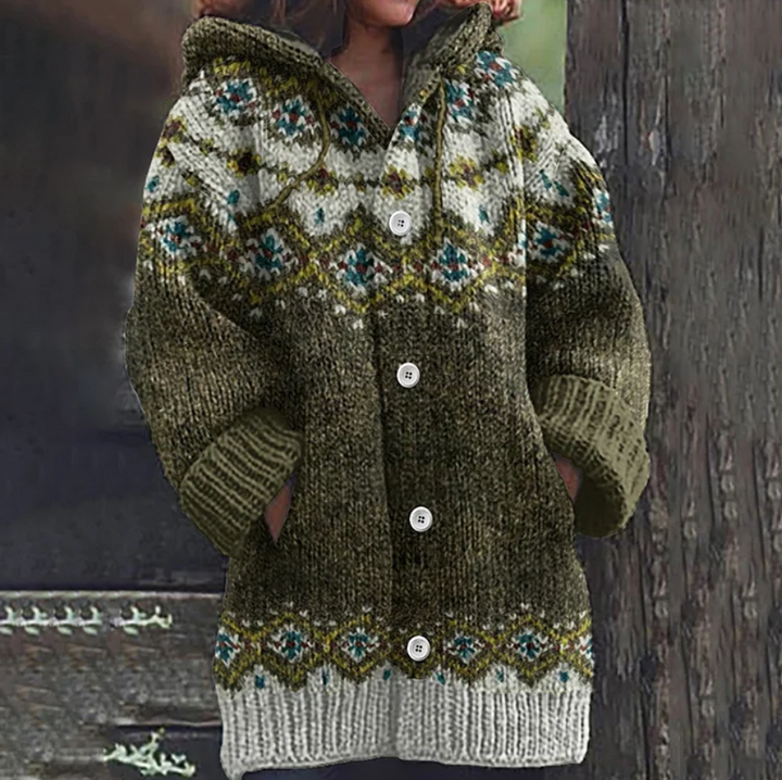 Komfortable Damen Fair Isle Strickjacke mit Kapuze, perfekt für gemütliche Tage im Alltag und in der Freizeit.