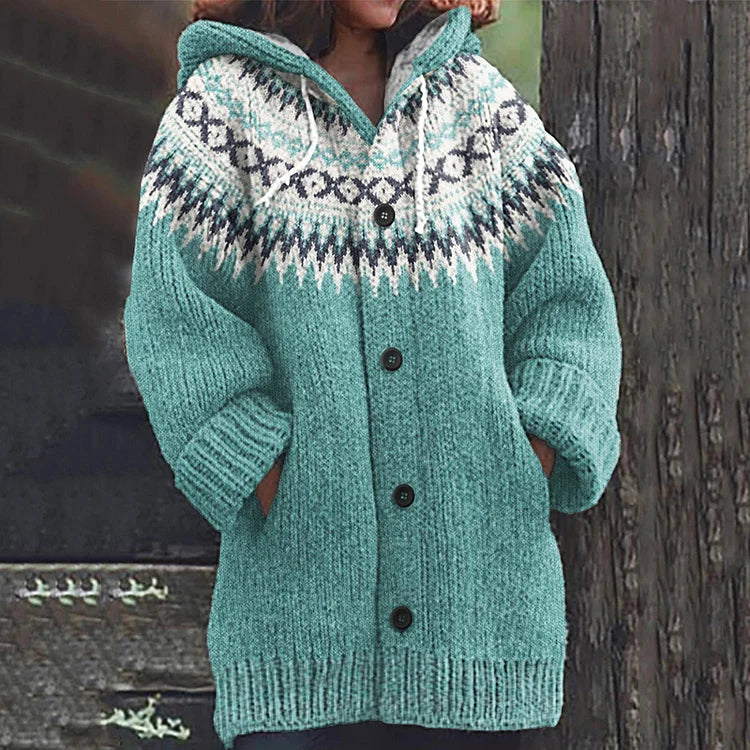 Stylische Damen Fair Isle Kapuzenstrickjacke, super warm und gemütlich. Perfekte Herbst- und Wintermode.