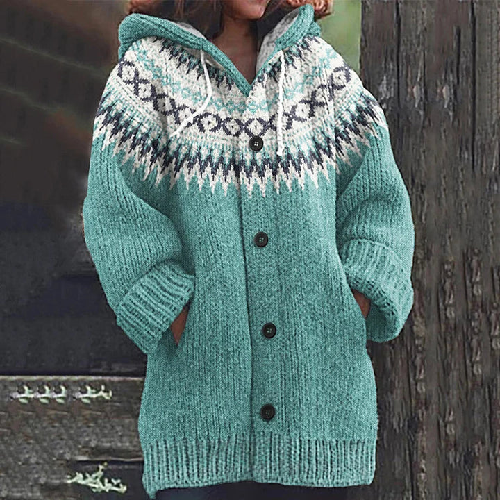 Stylische Damen Fair Isle Kapuzenstrickjacke, super warm und gemütlich. Perfekte Herbst- und Wintermode.