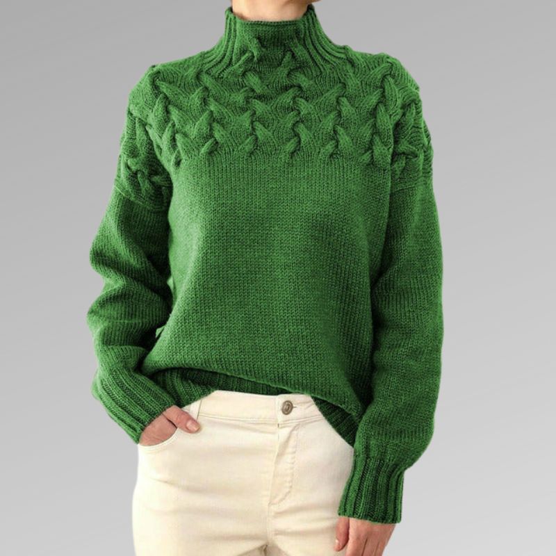 Warmer & gemütlicher Damen Zopfmuster Rollkragenpullover. Perfekter Strickpullover für kalte Herbsttage.