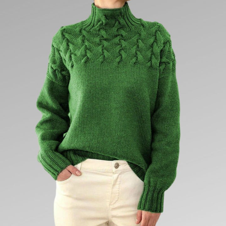 Warmer & gemütlicher Damen Zopfmuster Rollkragenpullover. Perfekter Strickpullover für kalte Herbsttage.