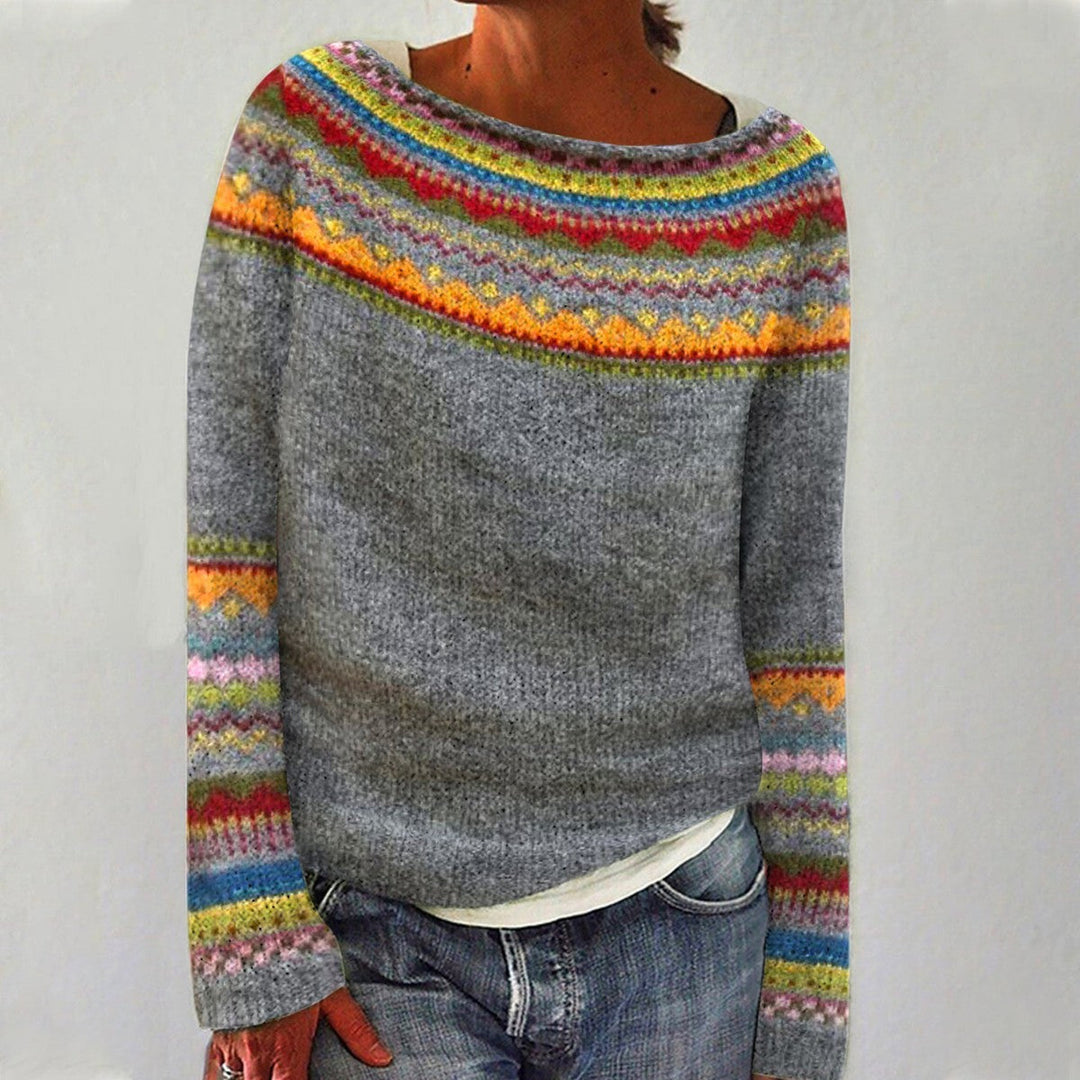 Gerippter Damen Vintage Pullover Rundhals in Hellgrau, stilvoll & warm für Herbst/Winter.