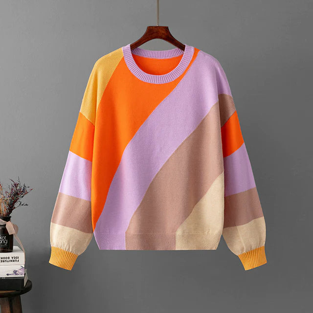 Colorblock Strickpullover gestreift, Unisex, locker geschnitten. Perfekt für Freizeitmode und Alltagskleidung im Herbst.