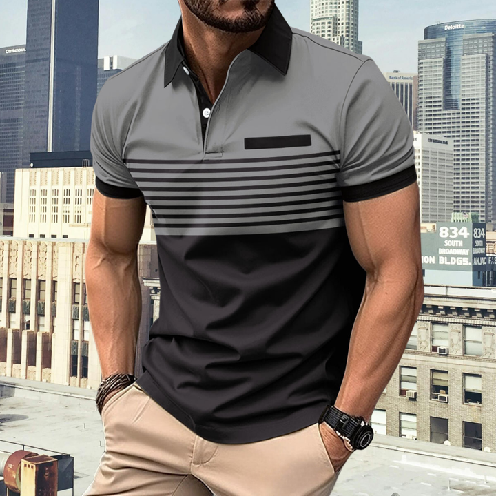 Gestreiftes Herren Langarm Poloshirt mit Kragen für Herbst. Klassischer Casual-Look für Männer.