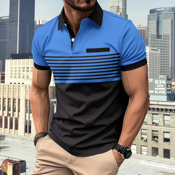 Klassisches gestreiftes Herren Poloshirt mit Langarm und Polo-Kragen. Ideal für Herbstmode & Freizeit.