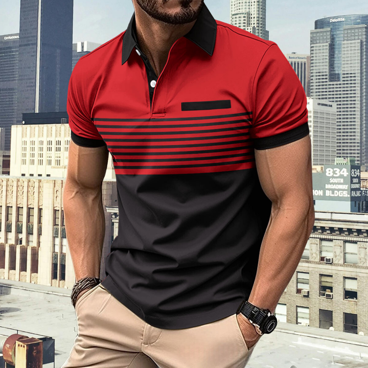 Elegantes gestreiftes Herren Poloshirt mit Langarm. Stilvolle Freizeitbekleidung für Herbsttage.