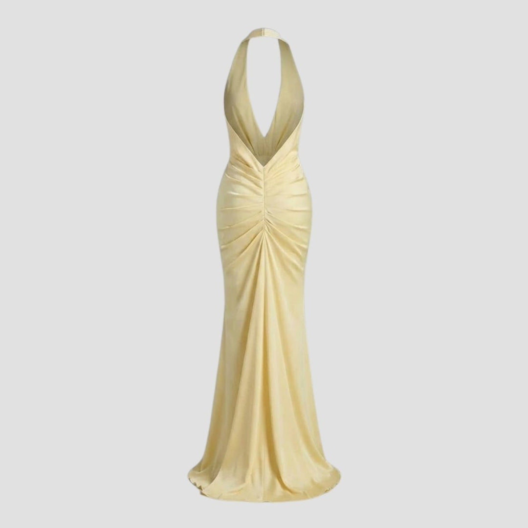 Festliches Damenkleid, lang, mit tiefem Ausschnitt, rückenfrei & mit modernem Knotendetail.
