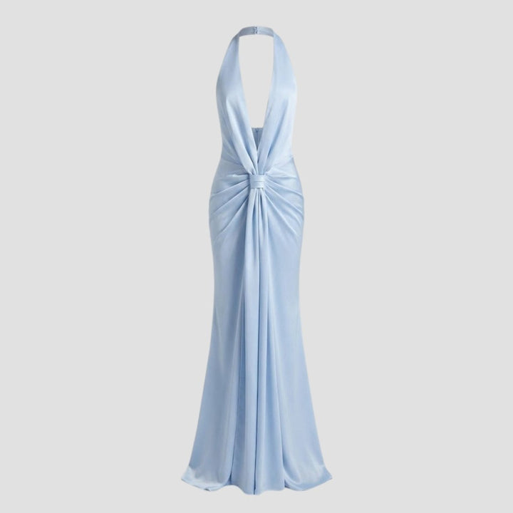 Luftiges hellgelbes Sommerkleid für Damen, Maxikleid mit tiefem Ausschnitt & raffiniertem Rückendetail.