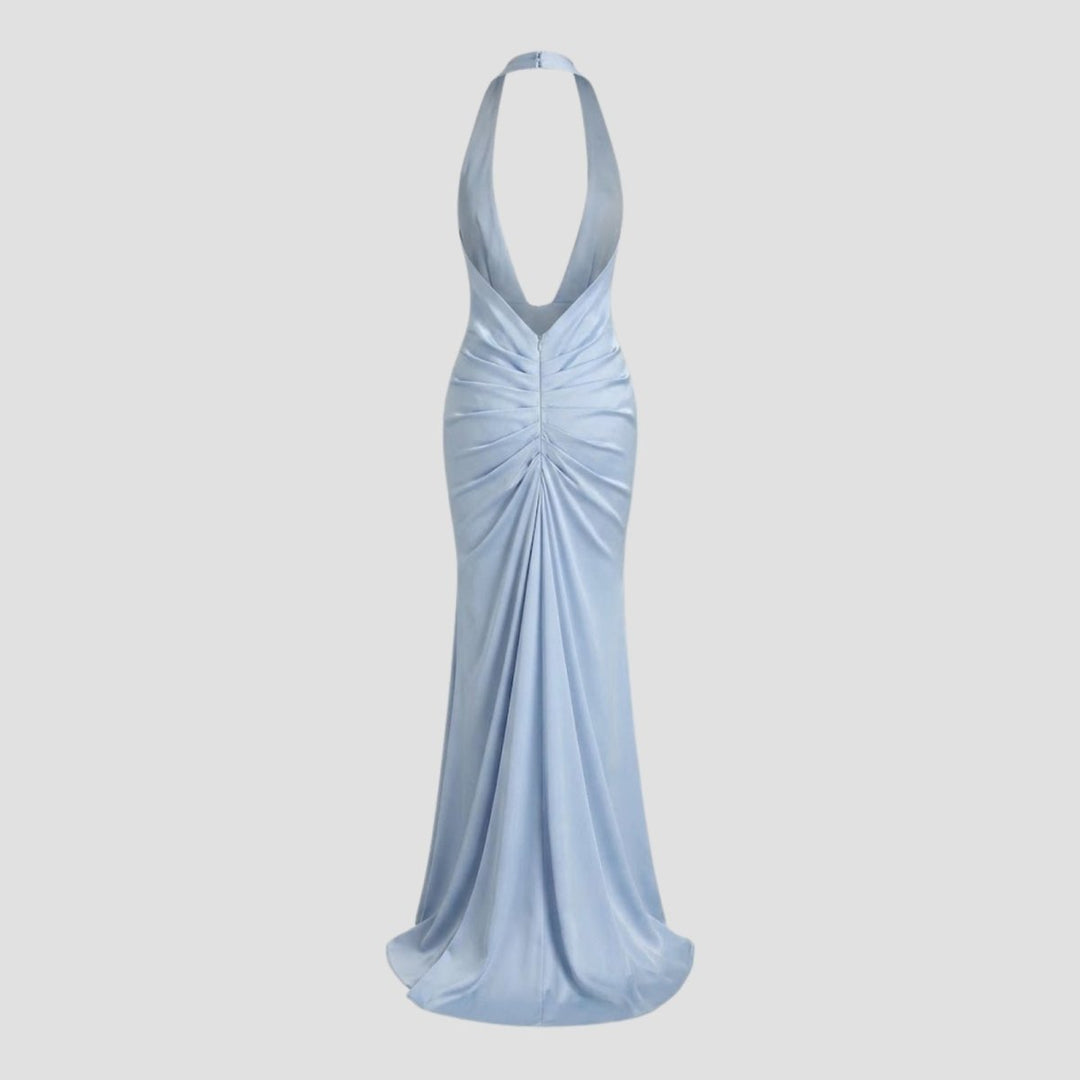 Glamouröses Damen Maxikleid mit tiefem V-Ausschnitt & rückenfreiem Design, ideal für Frühling & Sommer.