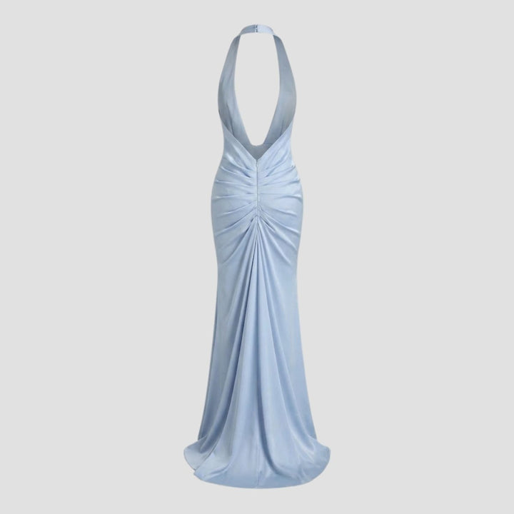 Glamouröses Damen Maxikleid mit tiefem V-Ausschnitt & rückenfreiem Design, ideal für Frühling & Sommer.