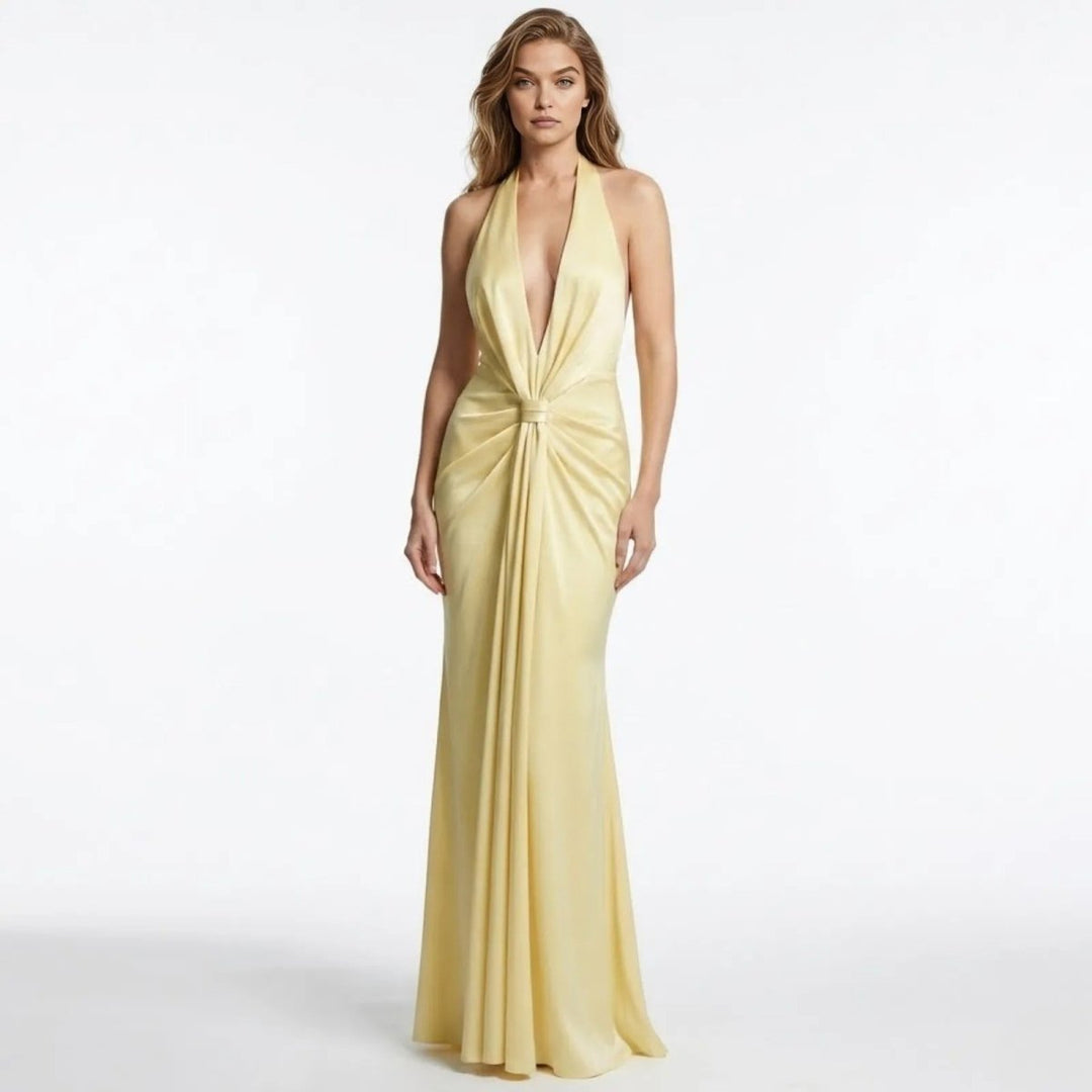 Elegantes Damen Abendkleid, lang & rückenfrei, mit glamourösem tiefem Ausschnitt für jede Party.